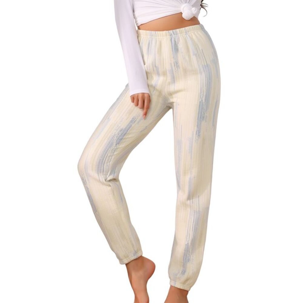 Women's Cuffed Long Pants Side Pockets Loose Fit Pajama Pants Blue Stripes